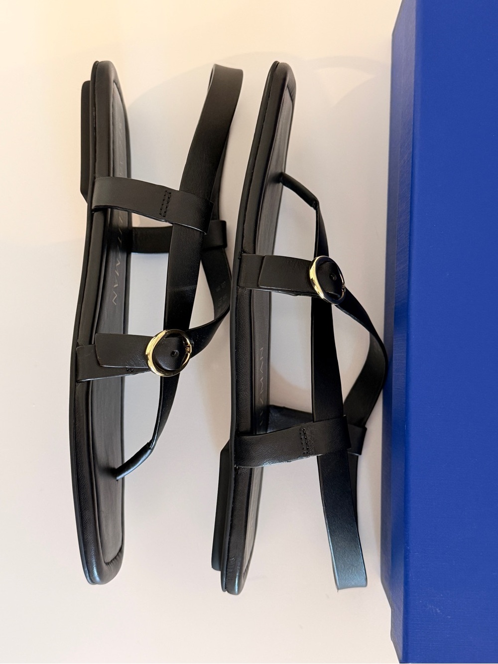 Stuart Weitzman Benni Black Leather Flat Thong Slingback Sandals w Gold Buckles - Picture 7 of 9